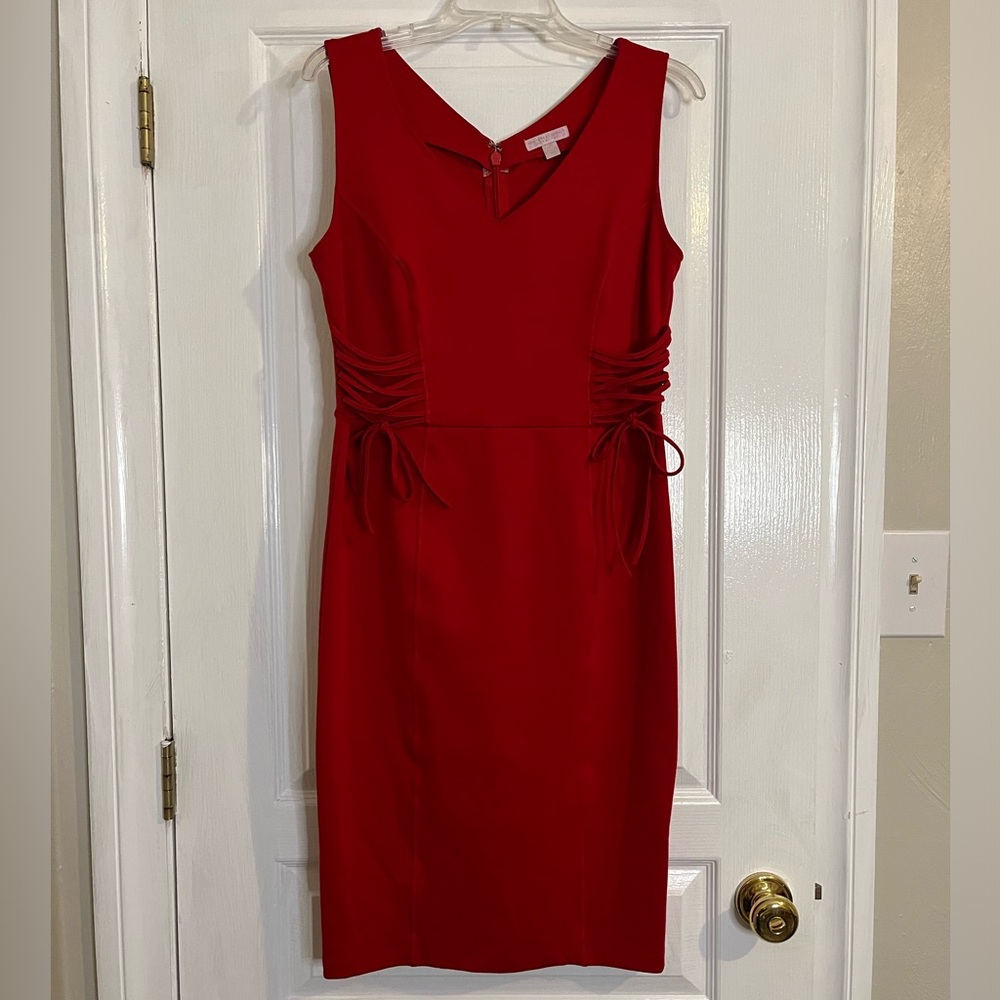 Red Sleeveless Dress with Decorative Side Ties - New York & Company